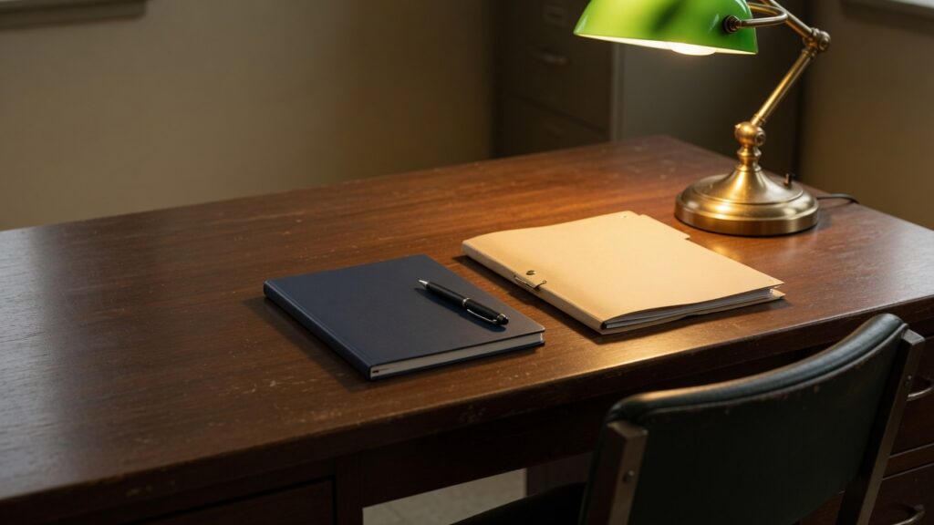 What a New Charged-Off Debt Buyer Prepares Before the First Bid 1 A closed notebook, a pen, and a folder on a wood desk under a brass lamp