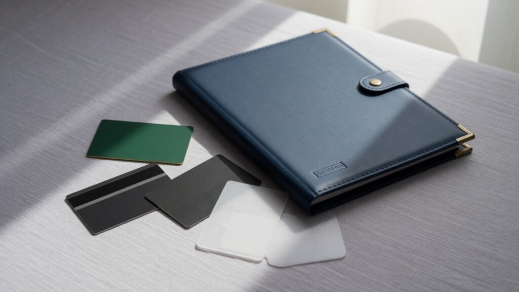 Credit cards placed face down next to a closed portfolio folder