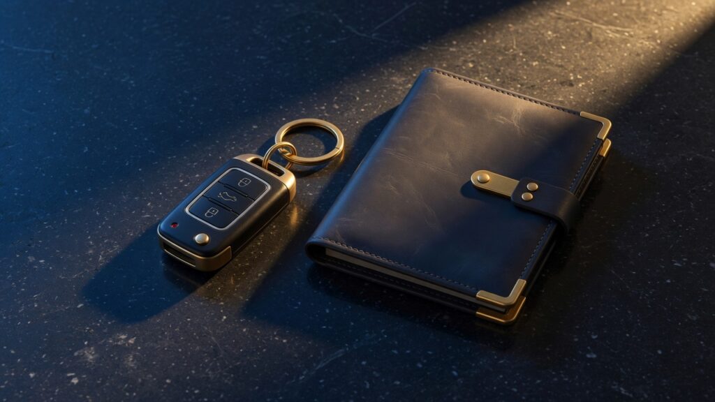 Car key and a closed folder on dark stone, with no text visible