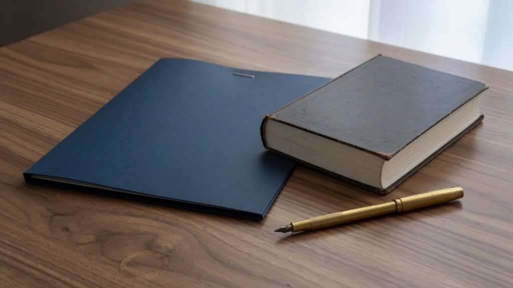 Closed folder and a law book with the spine turned away, on a wood desk